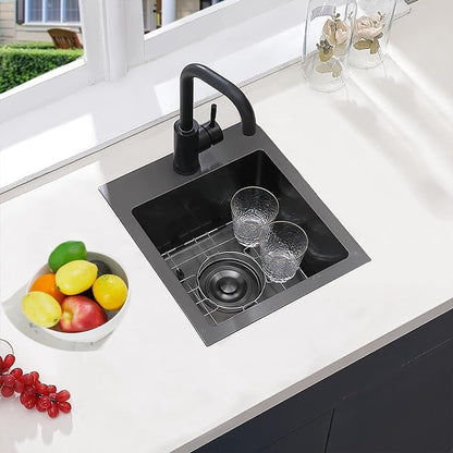 VCCUCINE Gunmetal Black Bar Sink Drop in, 15x15 Inch Topmount RV Small Kitchen Sink, 16 Gauge Overmount Stainless Steel Wet Bar Sink, Top Mount Outdoor Single Bowl Prep Sink with Dish Grid & Drain