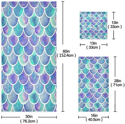 Naanle Chic Watercolor Rainbow Scales of Mermaid Soft Luxury Decorative 3 Pieces Set Towels, 1 Bath Towel+1 Hand Towel+1 Washcloth, Multipurpose for Bathroom, Hotel, Gym, Spa and Beach