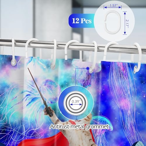 Aimego Long Funny Shower Curtain - Cute Cat Riding Whale on Space Galaxy Fantasy Jellyfish Fabric Cloth Shower Curtain Set with 12 Hooks for Kids Bathroom Decor Accessories Bathtub Curtain, 72"x78"