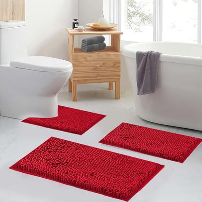 RUN HELIX Bathroom Rugs, Chenille Bath Mat, Non-Slip, Machine Washable Bath Rugs - Ultra Soft Bath Mats, Dries Quickly, Bathroom Rug Set of 2 Red Batroom Mats Set-32x20+24x16 Inch Christmas Rug