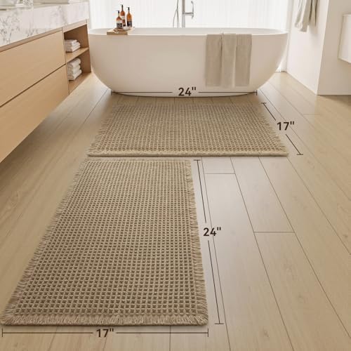 Upgraded Waffle Bath Mat Set of 2 Absorbent Non Slip Bathroom Mat 17" x 24"