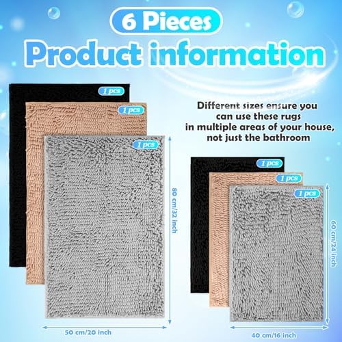 6 Pcs Chenille Bathroom Rugs Non Slip Bath Mats Set, Camel, Grey, Black