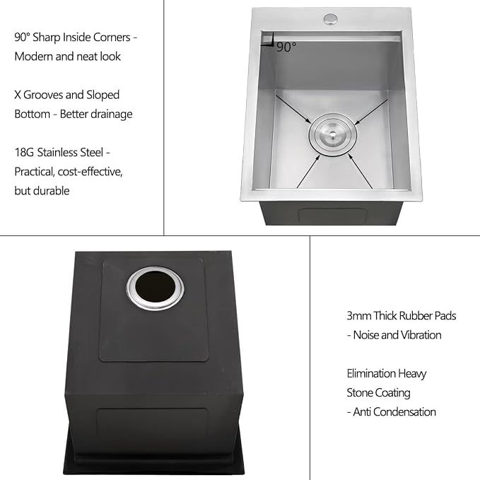HOTIS Drop In Bar Sink, 15 x 20 Inch Small Kitchen Sink, 304 Stainless Steel Topmount Workstation Sinks, Handmade 16 Gauge Single Bowl Kitchen Sinks with Dish Grid & Drain and Cutting Board