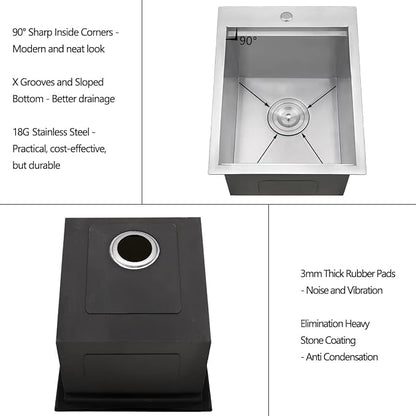 HOTIS Drop In Bar Sink, 15 x 20 Inch Small Kitchen Sink, 304 Stainless Steel Topmount Workstation Sinks, Handmade 16 Gauge Single Bowl Kitchen Sinks with Dish Grid & Drain and Cutting Board