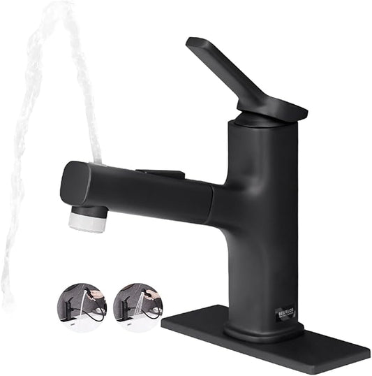 Pull Out Bathroom Faucet, Single Handle Bathroom Sink Faucet with Pull Out Sprayer, Bathroom Faucet for Sink, with Pop-up Drain & Deck Plate 1 or 4-inch Centerset 3 Hole, Matte Black
