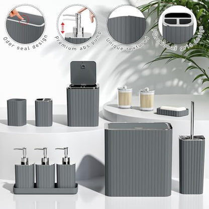 Bathroom Accessory Set - Bathroom Set, 27PC Bathroom Accessories Set, Grey Bathroom Sets with Shower Curtain and Rugs, Mini Trash Can, Toilet Brush, Trash Can & Soap Dispenser