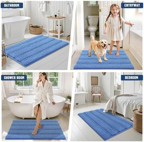 Grandaily Chenille Striped Bathroom Rugs 59x20, Extra Thick and Soft Absorbent Bath Mats, Rubber Backing, Plush Shaggy Shower Carpet, Machine Wash Dry, Bath Rug for Bathroom, Cornflower Blue