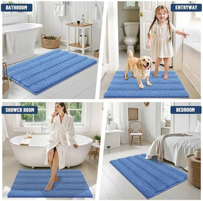 Grandaily Chenille Striped Bathroom Rugs 70x24, Extra Thick and Soft Absorbent Bath Mats, Rubber Backing, Plush Shaggy Shower Carpet, Machine Wash Dry, Bath Rug for Bathroom, Cornflower Blue