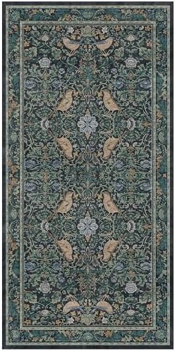 Blue 3x6 Washable Rug for Large Entryway - Boho Bird Rugs for Kitchen, Bedroom Bedside, Indoor Entrance Door Mat with Woodland Flowers, Non-Slip Stain Resistant Low Pile