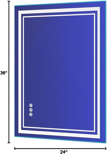 24x36 Inch RGB LED Bathroom Mirror with Lights | Front and RGB Backlit, Dimmable, Memory, Anti Fog, Shatterproof, Horizontal/Vertical, Lighted Mirrors for Bathroom Wall