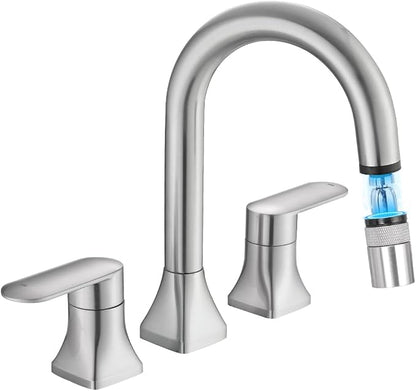 Bathroom Faucet 3 Hole with Pull Out Sprayer, 8 Inch Widespread Bathroom Faucet, Magnetic Pull Out Faucet for Easy to Use, Brushed Nickel (with Pop-up Drain)
