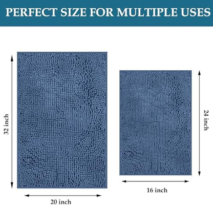 RUN HELIX Bathroom Rug Set 2 Pieces Non-Slip, Chenille Toilet Rugs, Absorbent Plush Shaggy Bath Mat Set for Bathroom, Bedroom, Kitchen, Deep Blue, 20"x32" & 16"x24"