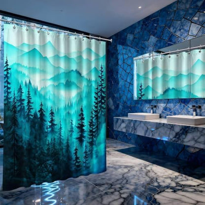 Dark Teal Forest Extra Long Shower Curtain, Tall 72X84 in, Mountain