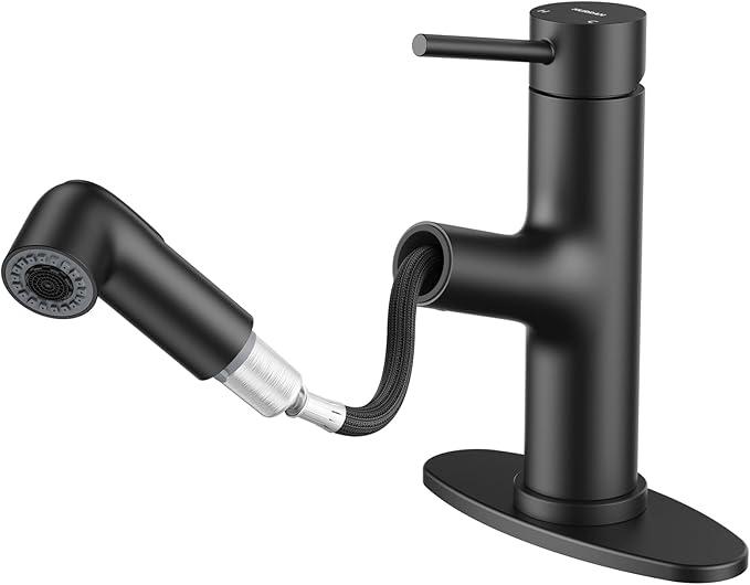 HURRAN Pull Out Bathroom Faucet, Single Handle Basin Mixer Tap with 2 Modes, Utility Sink Faucet with Deck Plate, Stainless Steel, Matte Black