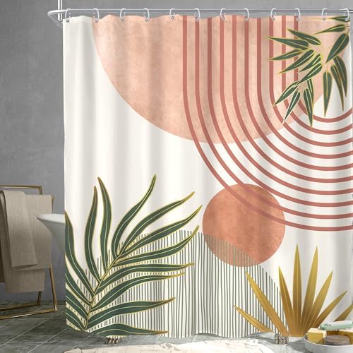 Mid Century Pink Green Boho Abstract Modern Bathroom Shower Curtain Set