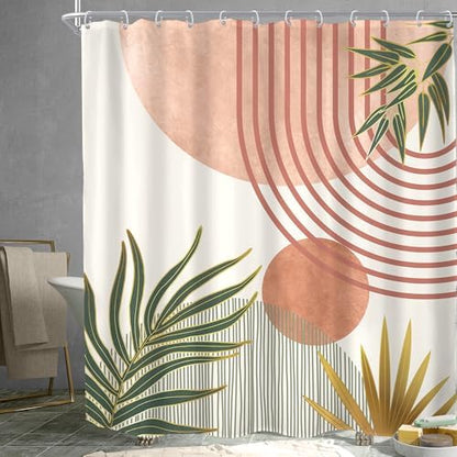 Mid Century Pink Green Boho Abstract Modern Bathroom Shower Curtain Set