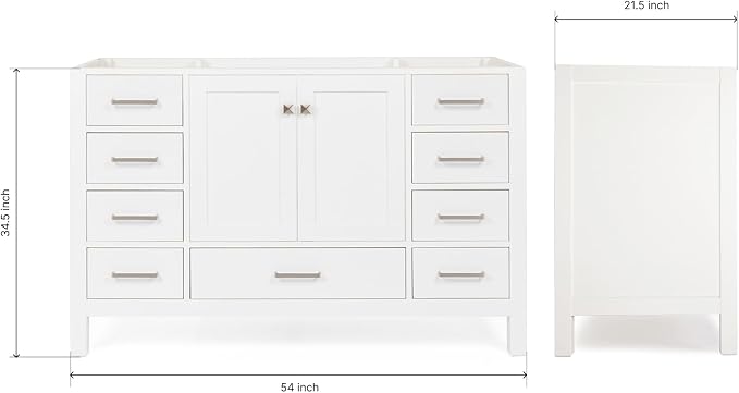 ARIEL Cambridge 54-inch Bathroom Vanity Base Cabinet,Solid Wood, 2 Soft Closing Doors, 9 Dovetail Drawers, White