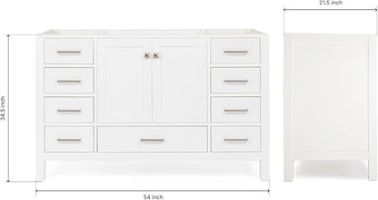 ARIEL Cambridge 54-inch Bathroom Vanity Base Cabinet,Solid Wood, 2 Soft Closing Doors, 9 Dovetail Drawers, White