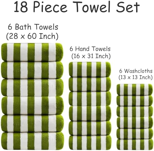 18 Pcs Green Stripe Bath Towel Set with Hanging Loop-6 Bath Towels,6 Hand Towels,6 Washcloths Soft Family Towels Set Bathroom Towel Highly Absorbent Quick Dry Shower Towel for Beach Spa Gym Hotel