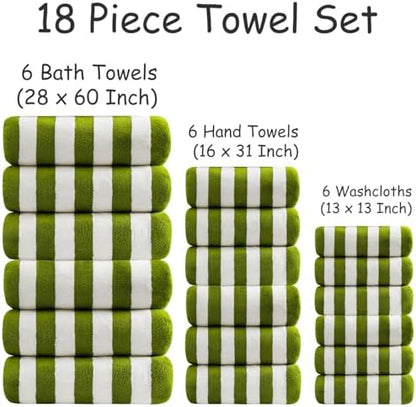 18 Pcs Green Stripe Bath Towel Set with Hanging Loop-6 Bath Towels,6 Hand Towels,6 Washcloths Soft Family Towels Set Bathroom Towel Highly Absorbent Quick Dry Shower Towel for Beach Spa Gym Hotel
