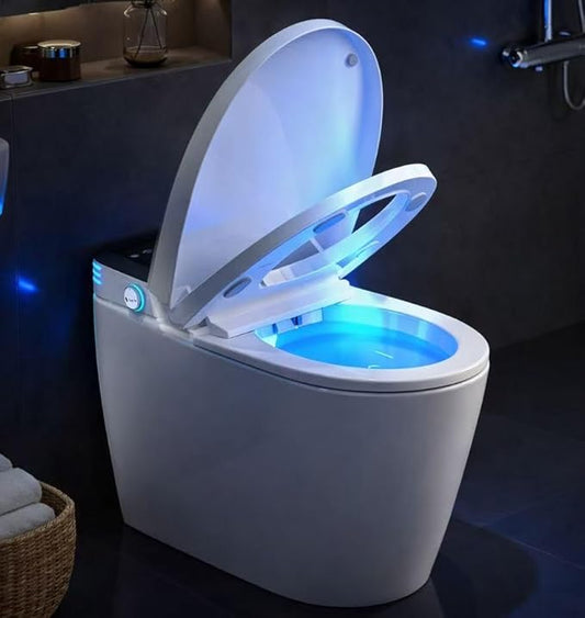 Smart Toilet, One Piece Bidet for Bathrooms, Modern Elongated Toilet with Warm Water, Dual Auto Flush, Foot Sensor Operation, Heated Bidet Seat, Electric Tankless Toilets with LED Display