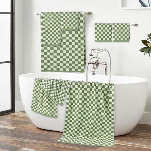 Jacquotha Green Checkered Towels Set of 8, Cotton Towels for Bathroom