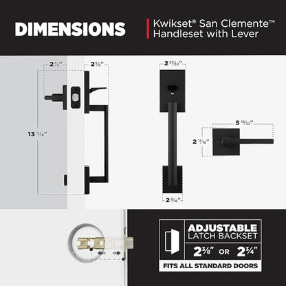 Kwikset San Clemente Front Door Handle No Lock, Entry Handleset Exterior with Interior Reversible Handed Lever, Non-Locking, Matte Black, Deadbolt Not Included, with Microban Protection