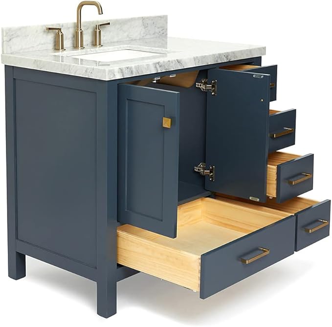 ARIEL Cambridge 36-inch Bathroom Vanity with Sink,Solid Wood, 1.5-inch Italian Carrara Marble Countertop, Single Rectangular Porcelain Sink, 2 Soft Closing Doors, 5 Dovetail Drawers, Midnight Blue