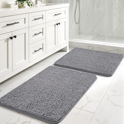 LOCHAS Bathroom Rug Shaggy Bath Mat 2 Piece, 20 x 32 Inch, Grey