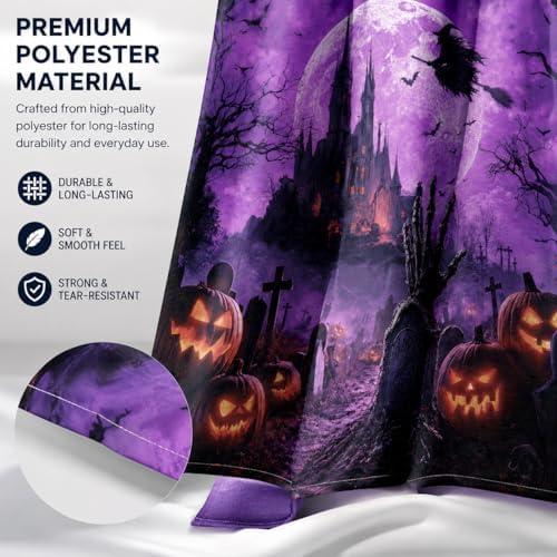 Halloween Shower Curtain, Purple Gothic Castle Bathroom Curtain, Witch Moon Bats Pumpkin Graveyard Spooky Waterproof Polyester Fabric Bath Curtain with Hooks 72x72 Inch