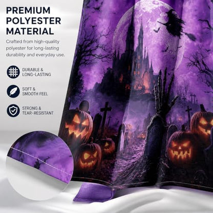 Halloween Shower Curtain, Purple Gothic Castle Bathroom Curtain, Witch Moon Bats Pumpkin Graveyard Spooky Waterproof Polyester Fabric Bath Curtain with Hooks 72x72 Inch