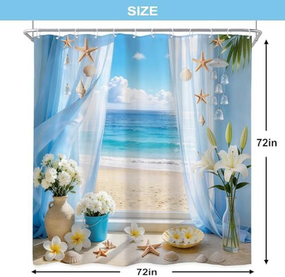 Ocean Coastal Blue Sea Fish Beach Floral Beachy Bathroom Shower Curtain Set
