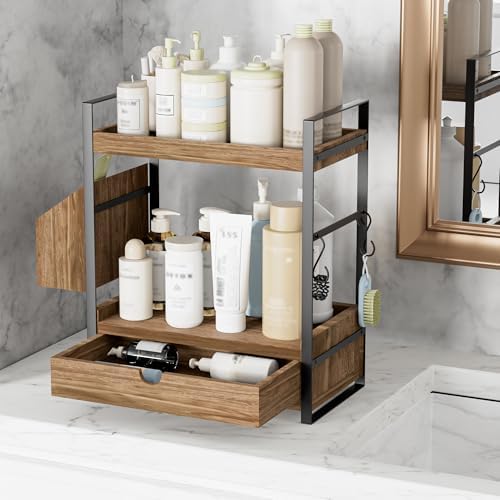 2-Tier Bathroom Counter Organizer, Wooden Vanity Shelf with Drawer & Basket