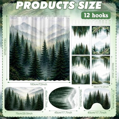 FuWeave 8 Pcs Green Forest Shower Curtain Set for Bathroom Decor Include Nature Misty Mountain Woodland Shower Curtain Towels Non Slip Rugs Toilet Lid Cover Bath Mat and 12 Hooks for Bathroom Decor