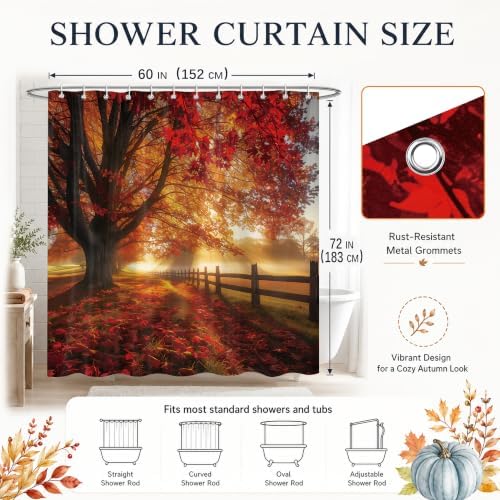 Red Maple Forest Shower Curtain, 60 x 72 Inch Waterproof Polyester Fall Landscape Bathroom Curtain, Autumn Tree Sunrise Woodland Bath Curtain for Tub Decor