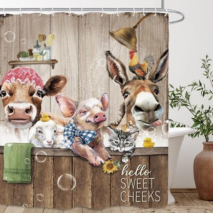 Funny Animal Shower Curtain 60Wx72L Inch Rustic Farmhouse Country Cow Donkey Pig Farm Sweet Cheeks Bathroom Set Accessories Decor with 12 Pack Hooks