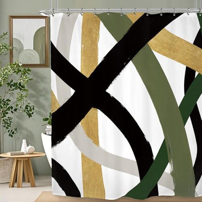 Abstract Modern Line Shower Curtain 60Wx72L Inch Black Army Green Minimalist Contemporary Art Neutral Simple Bathroom Set Accessories Decor with 12 Pack Hooks