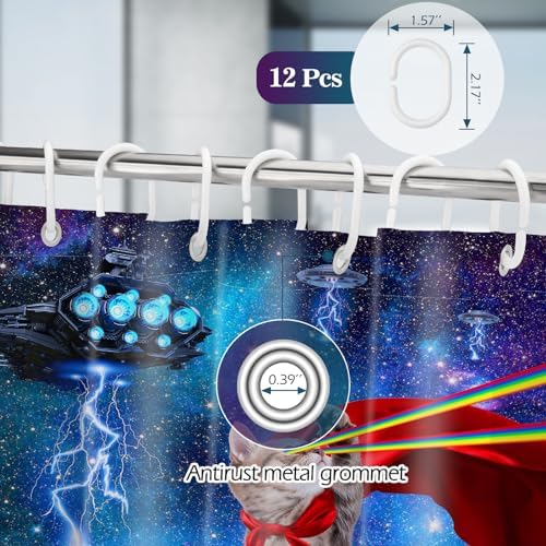 Aimego Funny Cat Shower Curtains for Bathroom - Cool Cute Cat on Fantasy Outer Space Galaxy Universe UFO Fun Shower Curtain Set with 12 Hooks for Adults Kids Bathroom Decor Accessories, 72"x72"