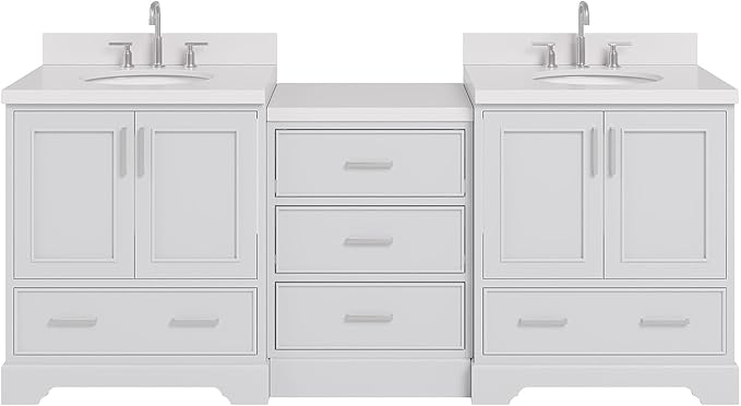 ARIEL Stafford 84-inch Bathroom Vanity with Sink,Solid Wood, 1.5in Pure White Quartz Countertop & Backsplash, Double Oval Porcelain Sink, 4 Soft Closing Doors, 5 Dovetail Drawers, Grey