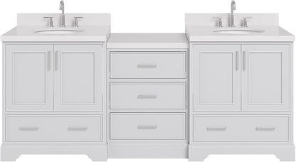 ARIEL Stafford 84-inch Bathroom Vanity with Sink,Solid Wood, 1.5in Pure White Quartz Countertop & Backsplash, Double Oval Porcelain Sink, 4 Soft Closing Doors, 5 Dovetail Drawers, Grey