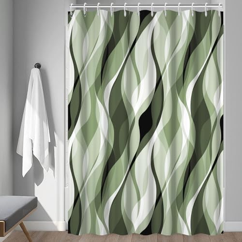 Green Striped Shower Curtain Extra Wide 108x72 inch 18 Hooks