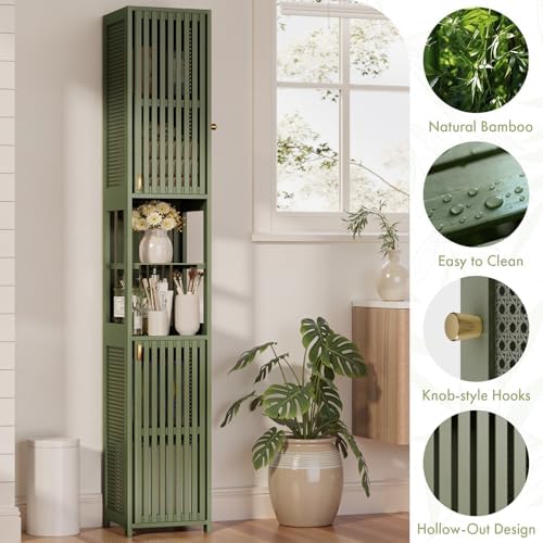 Amazer Tall Bathroom Storage Cabinet 70'', Freestanding Cabinet Storage with Rattan Door and Adjustable Shelves, Bamboo Narrow Storage Cabinet Organizer for Living Room Kitchen, Forest Green
