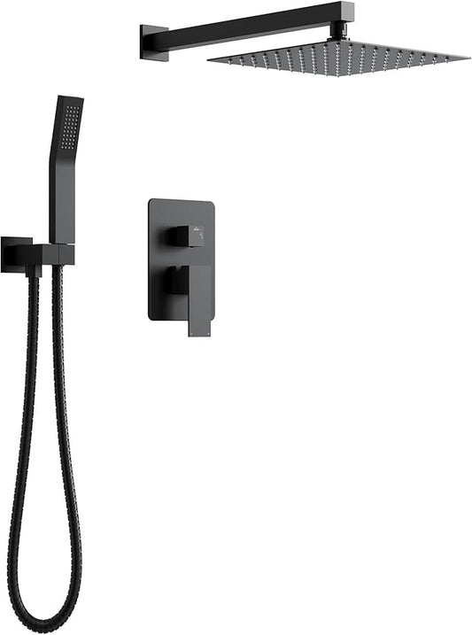 Longriver S200 Shower Faucet Set, Shower System Bathroom High Pressure 12 Inches Rainfall Shower Head with Handheld Spray, Wall Mounted Shower Fixtures with Shower Valve and Trim Kit, Matte Black