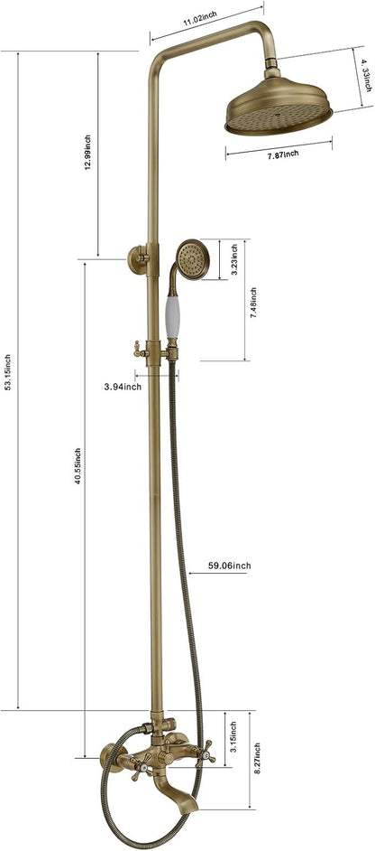 Outdoor Shower Features, Exposed Shower System 3 Function | 8 Inch Rain Shower Head,Handheld Shower Head & Tub Spout,Solid Brass,Dual Handle,High Pressure,Wall Mounted,Antique Brass