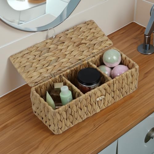 Water Hyacinth Wicker Storage Basket with Lid and Dividers