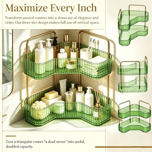2-Tier Corner Bathroom Organizer, Skincare Vanity Counter Shelf Green