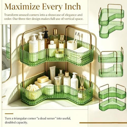 2-Tier Corner Bathroom Organizer, Skincare Vanity Counter Shelf Green