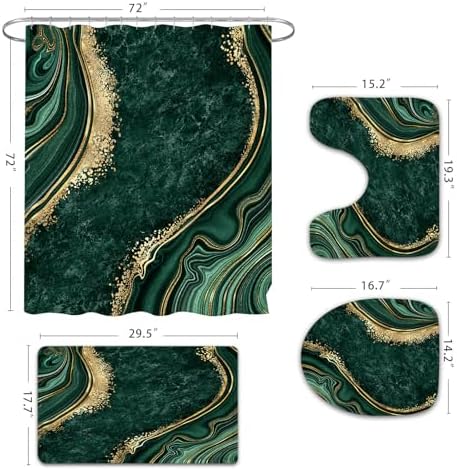 Gibelle 4 Pcs Luxury Marble Shower Curtain Set with Non-Slip Rugs, Toilet Lid Cover and Bath Mat, Gold Foil Emerald Green Bathroom Decor Set with Shower Curtain and Rugs and Accessories