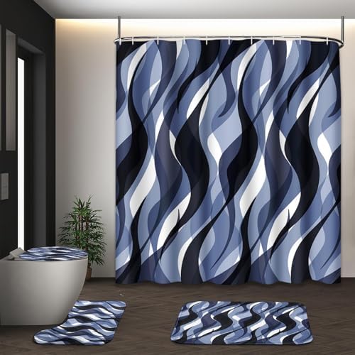 Bathroom Sets with Shower Curtain and Rugs, 4 Pcs, Geometric Blue