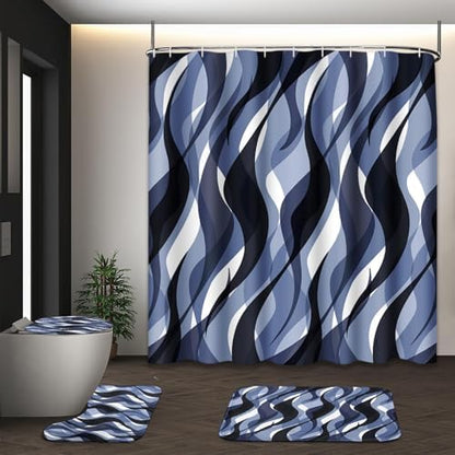 Bathroom Sets with Shower Curtain and Rugs, 4 Pcs, Geometric Blue